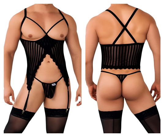 Black candyMan 99654 sheer mesh bodysuit with lace trim and adjustable straps for a stylish two piece set look
