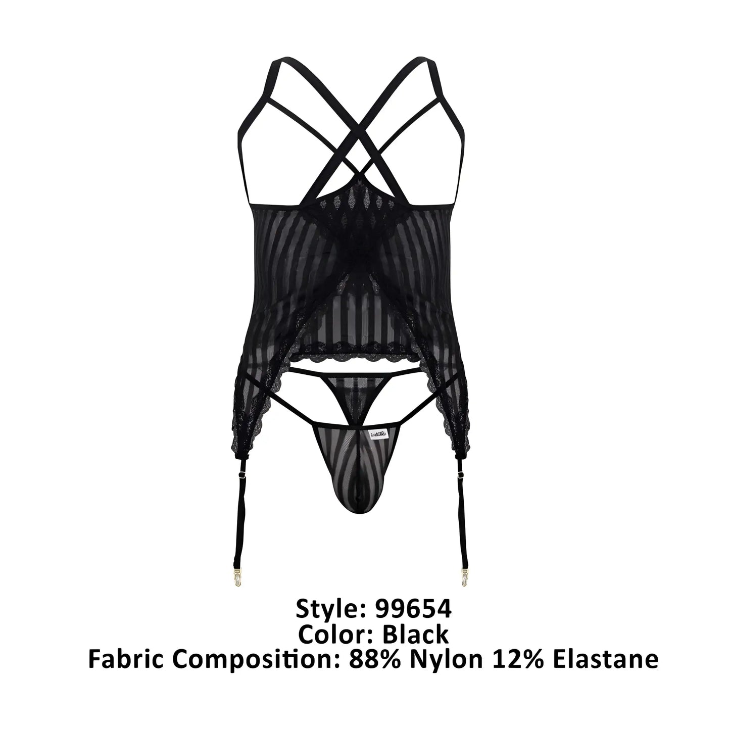 Black sheer lace CandyMan 99654 mesh two piece set with crisscross straps and garter belt