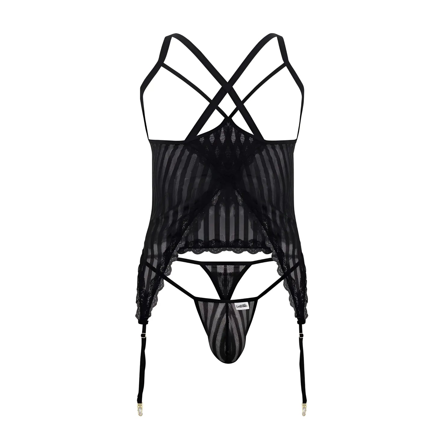 Black sheer lace lingerie set with crisscross straps and garter belts candyMan 99654 mesh two piece set