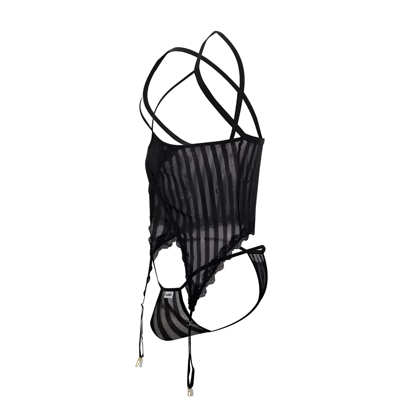 Black sheer striped mesh two piece lingerie set with lace trim and adjustable straps by candyman