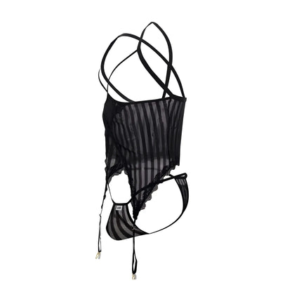 Black sheer striped mesh two piece lingerie set with lace trim and adjustable straps by candyman