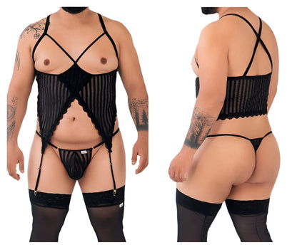 Black lace and mesh two-piece set with crisscross straps garter belt and thigh-high stockings by Candyman