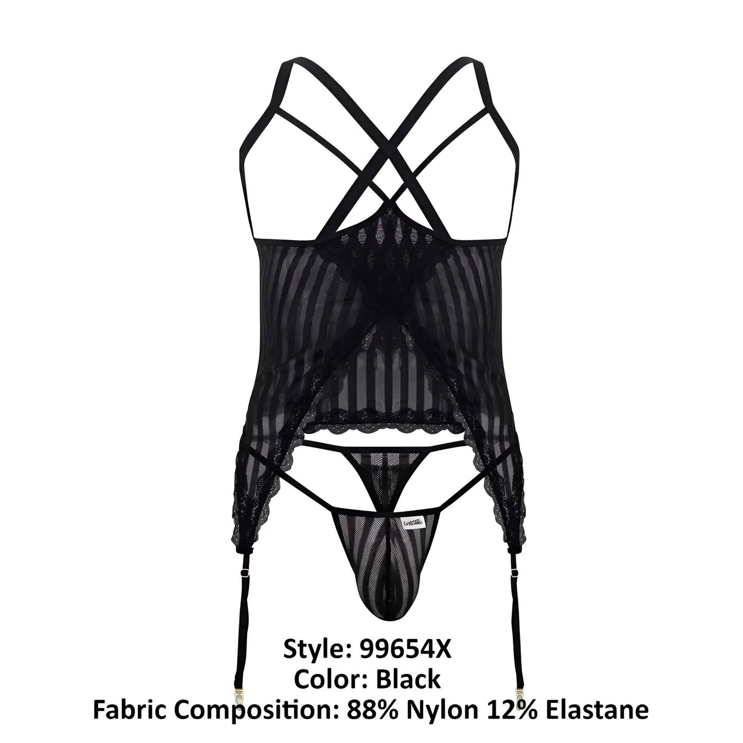 Black lace candyMan 99654X mesh two piece set with sheer striped bodice and matching thong in black