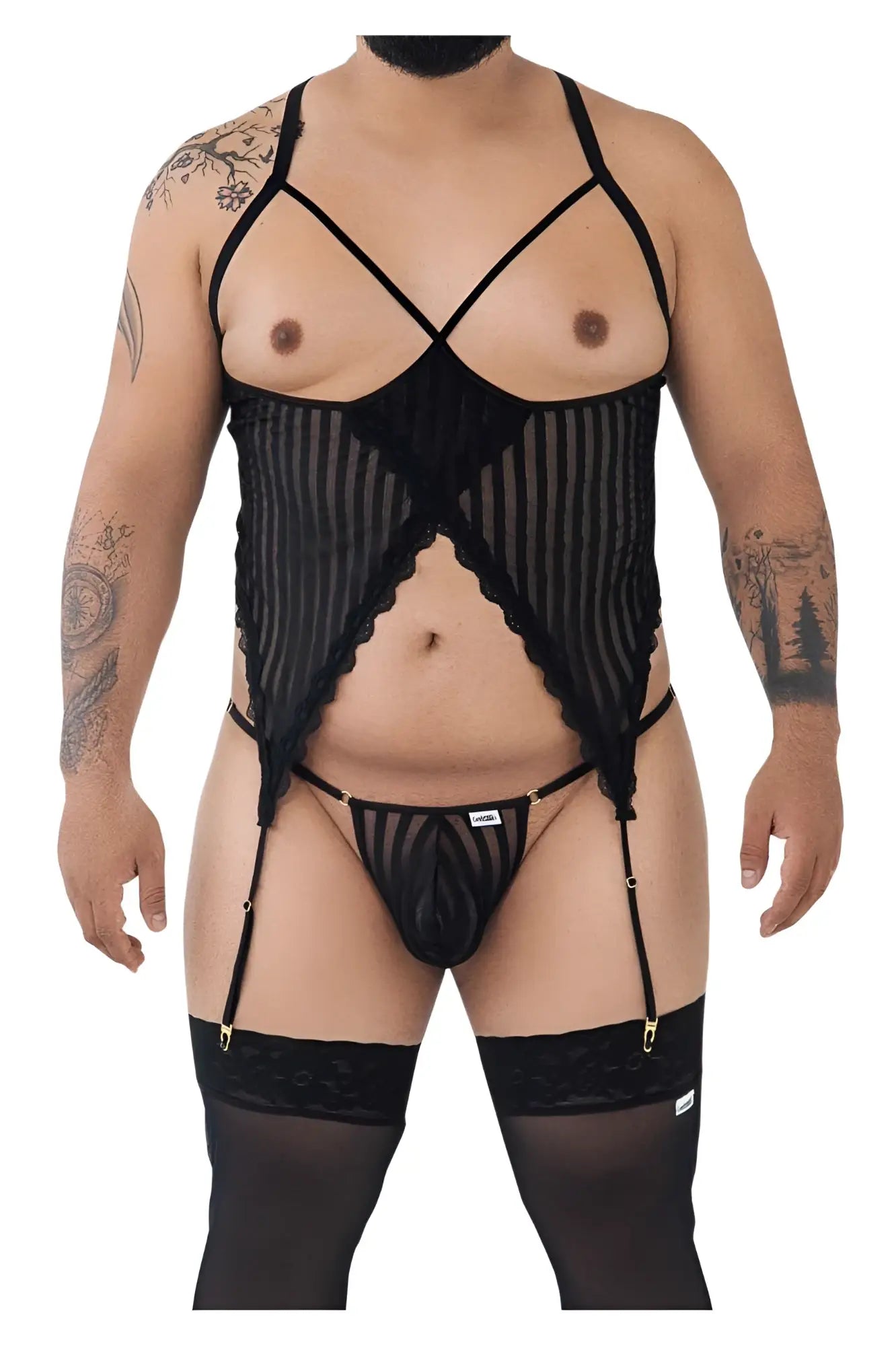 Black lace CandyMan 99654X mesh two piece lingerie set with sheer mesh and gold-tone hardware in black