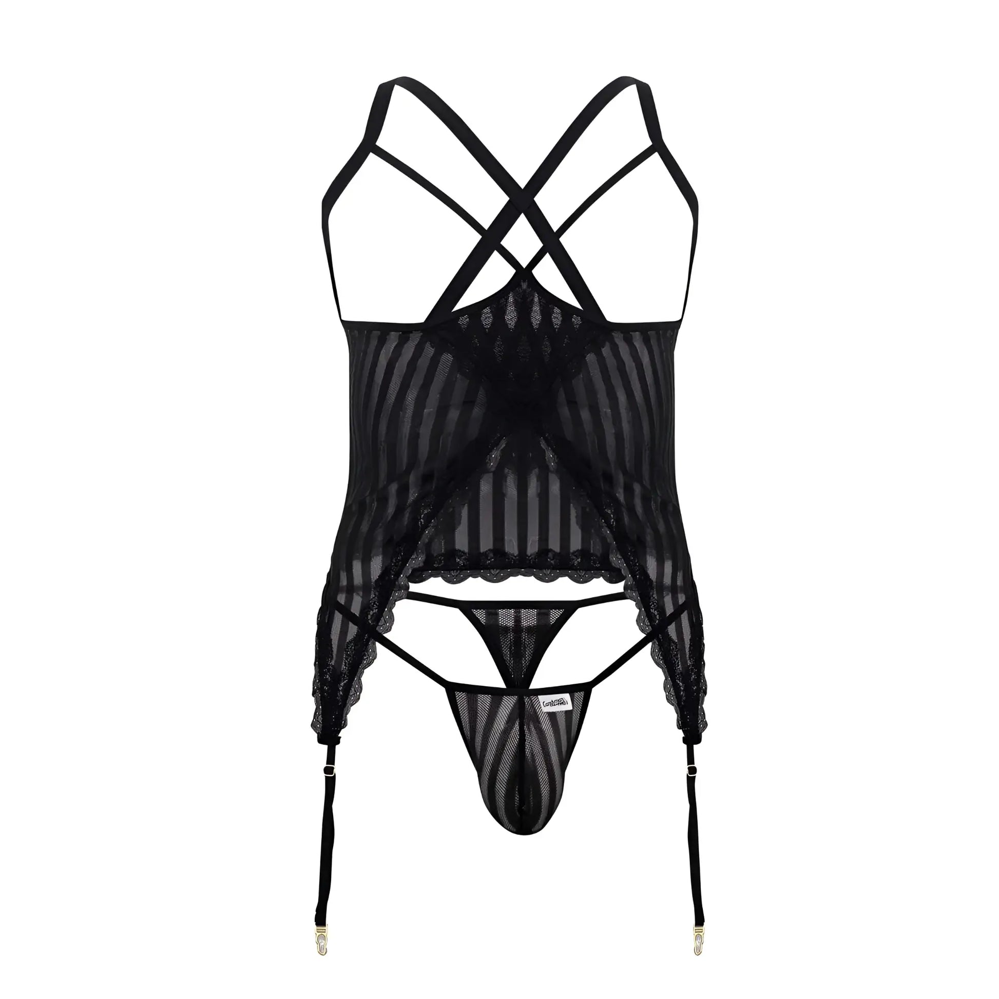 Black sheer lace lingerie two piece set with crisscross straps and garter belts candy man 99654x mesh black