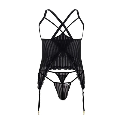 Black sheer lace lingerie two piece set with crisscross straps and garter belts candy man 99654x mesh black