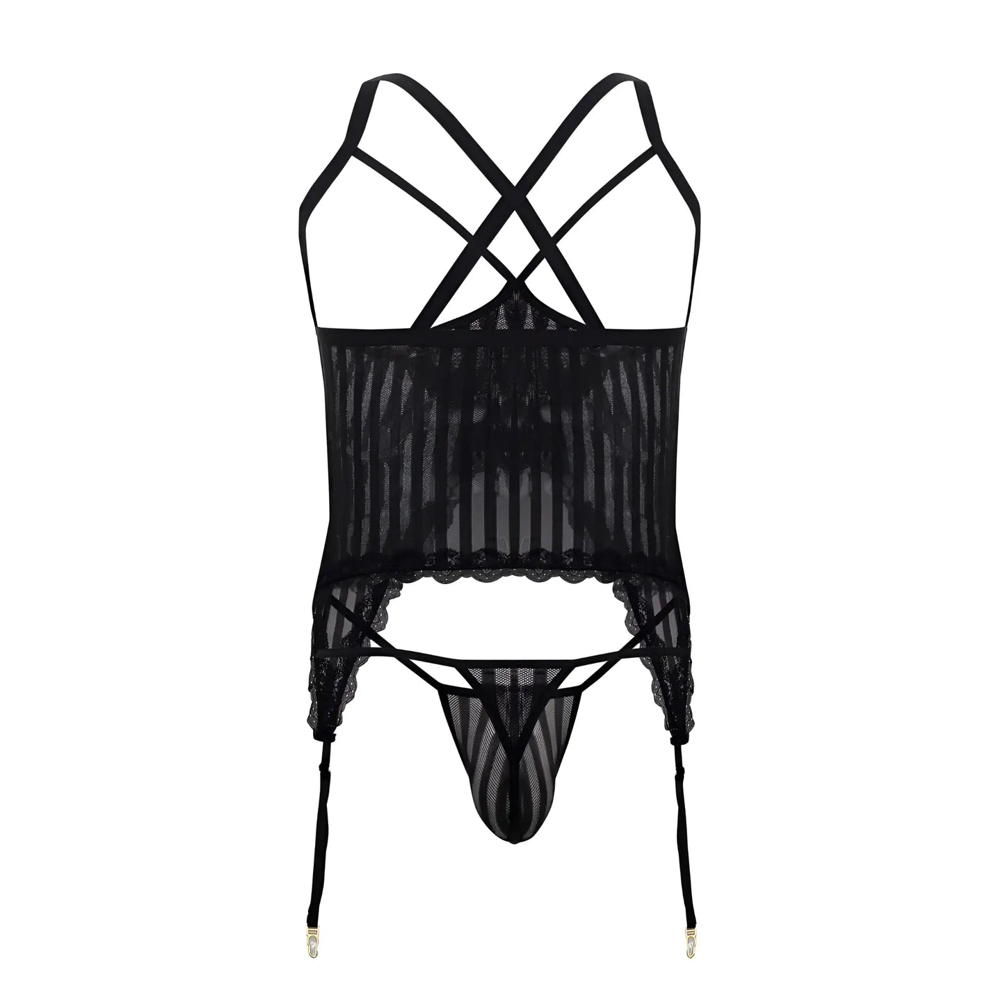Black sheer mesh two piece lingerie set with lace trim and crisscross straps by CandyMan model 99654X