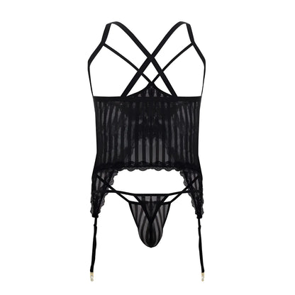 Black sheer mesh two piece lingerie set with lace trim and crisscross straps by CandyMan model 99654X