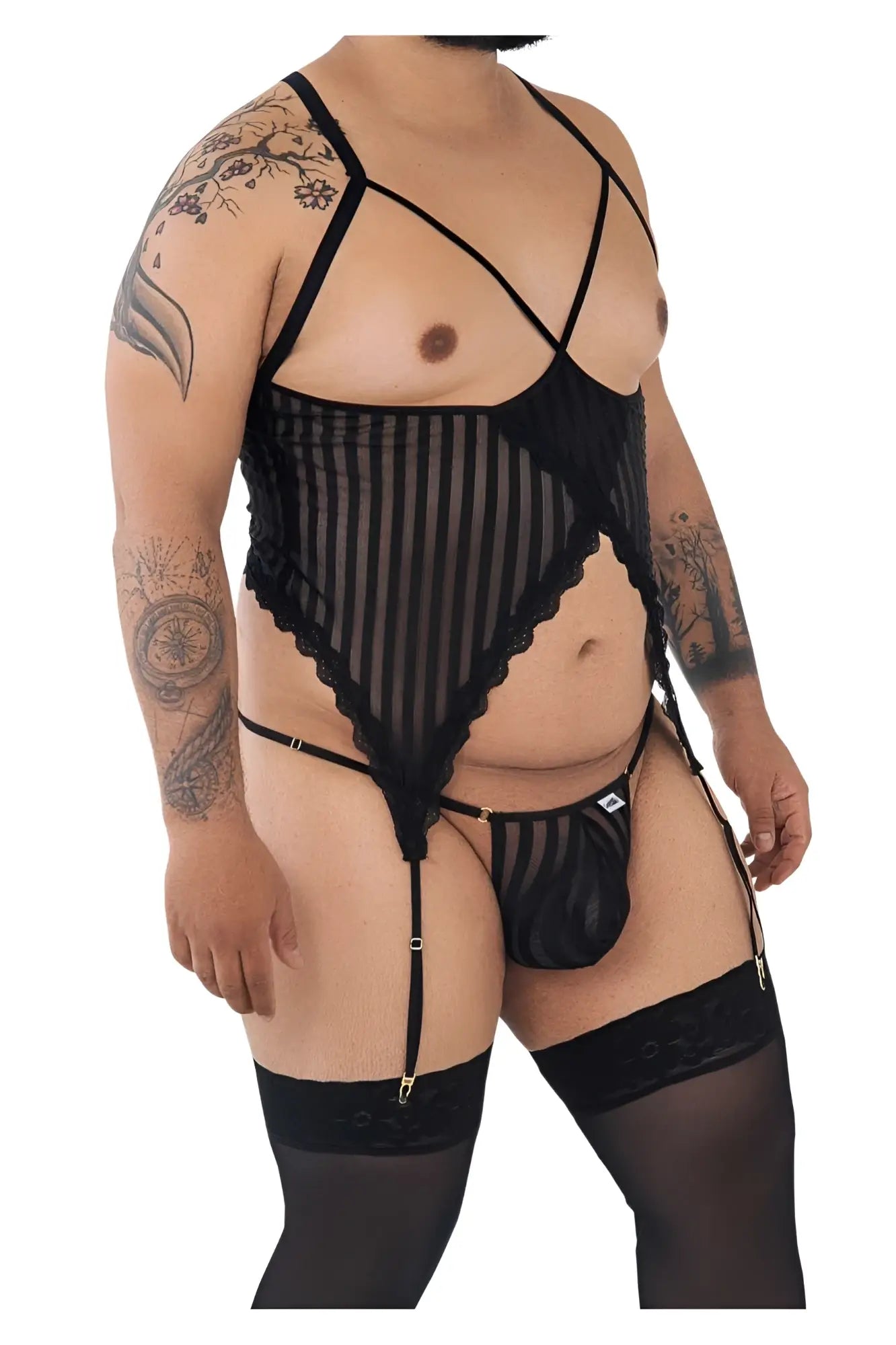 Black sheer striped mesh bodysuit with lace trim and garter belt candyMan 99654X two piece set