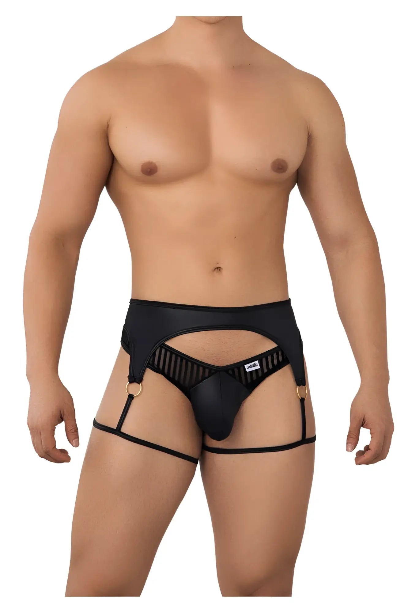 Black leather-like CandyMan 99655 garter thongs with gold-tone metal rings and mesh panel design