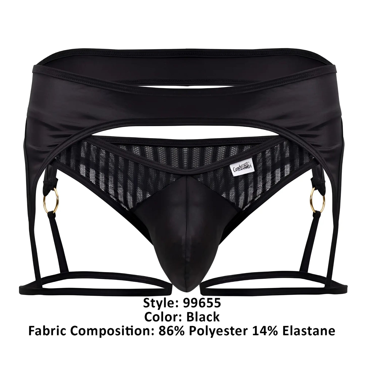 Black satin and mesh garter belt for men with gold tone rings in black from CandyMan 99655 garter thongs collection