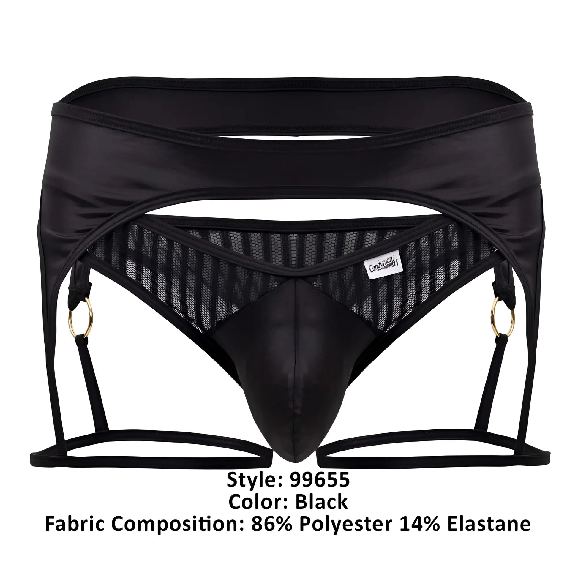 Black satin and mesh garter belt for men with gold tone rings in black from CandyMan 99655 garter thongs collection