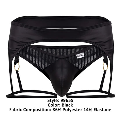 Black satin and mesh garter belt for men with gold tone rings in black from CandyMan 99655 garter thongs collection