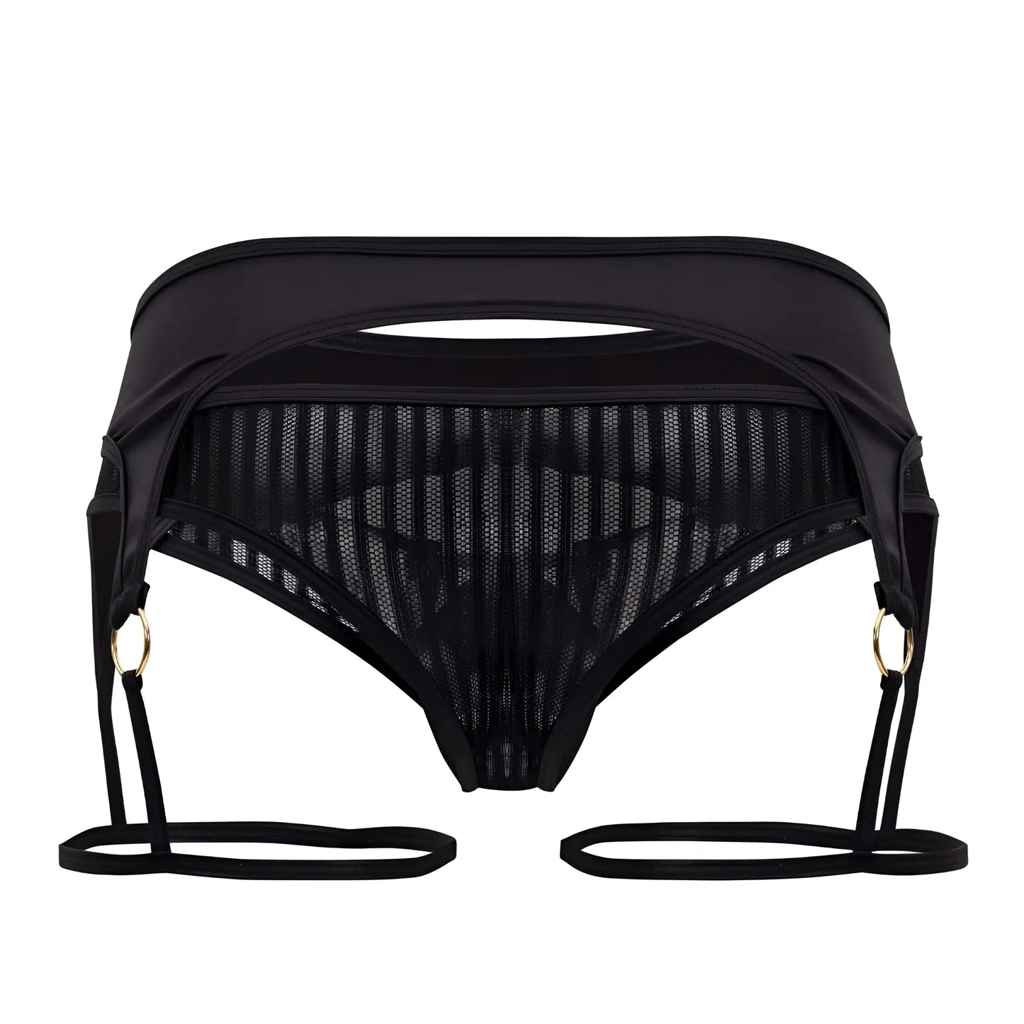 Black mesh CandyMan 99655 garter thong with adjustable straps and gold-toned rings front view