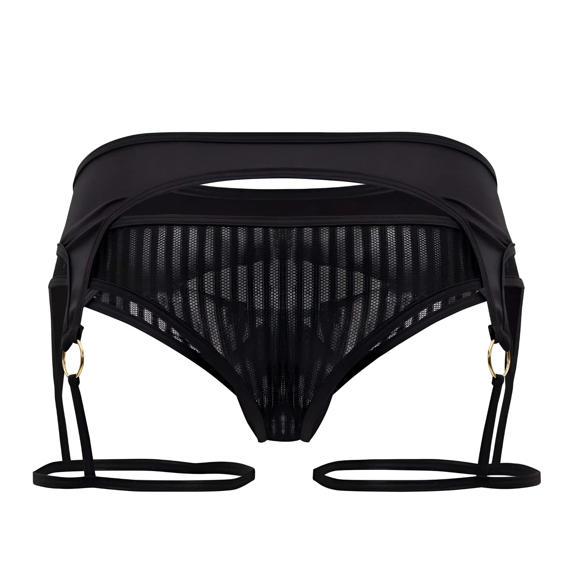 Black mesh CandyMan 99655 garter thong with adjustable straps and gold-toned rings front view