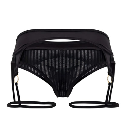 Black mesh CandyMan 99655 garter thong with adjustable straps and gold-toned rings front view