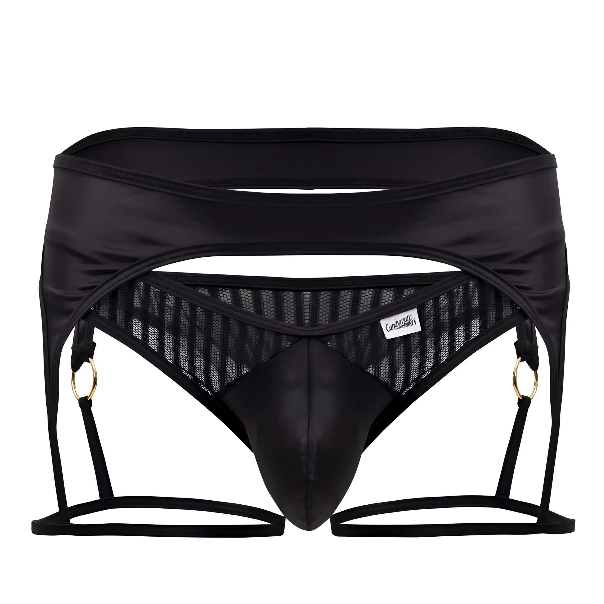 Black satin CandyMan 99655 garter thongs with mesh panels and gold-toned grommets by candal