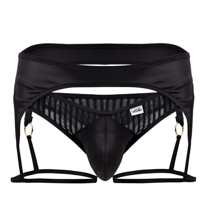Black satin CandyMan 99655 garter thongs with mesh panels and gold-toned grommets by candal