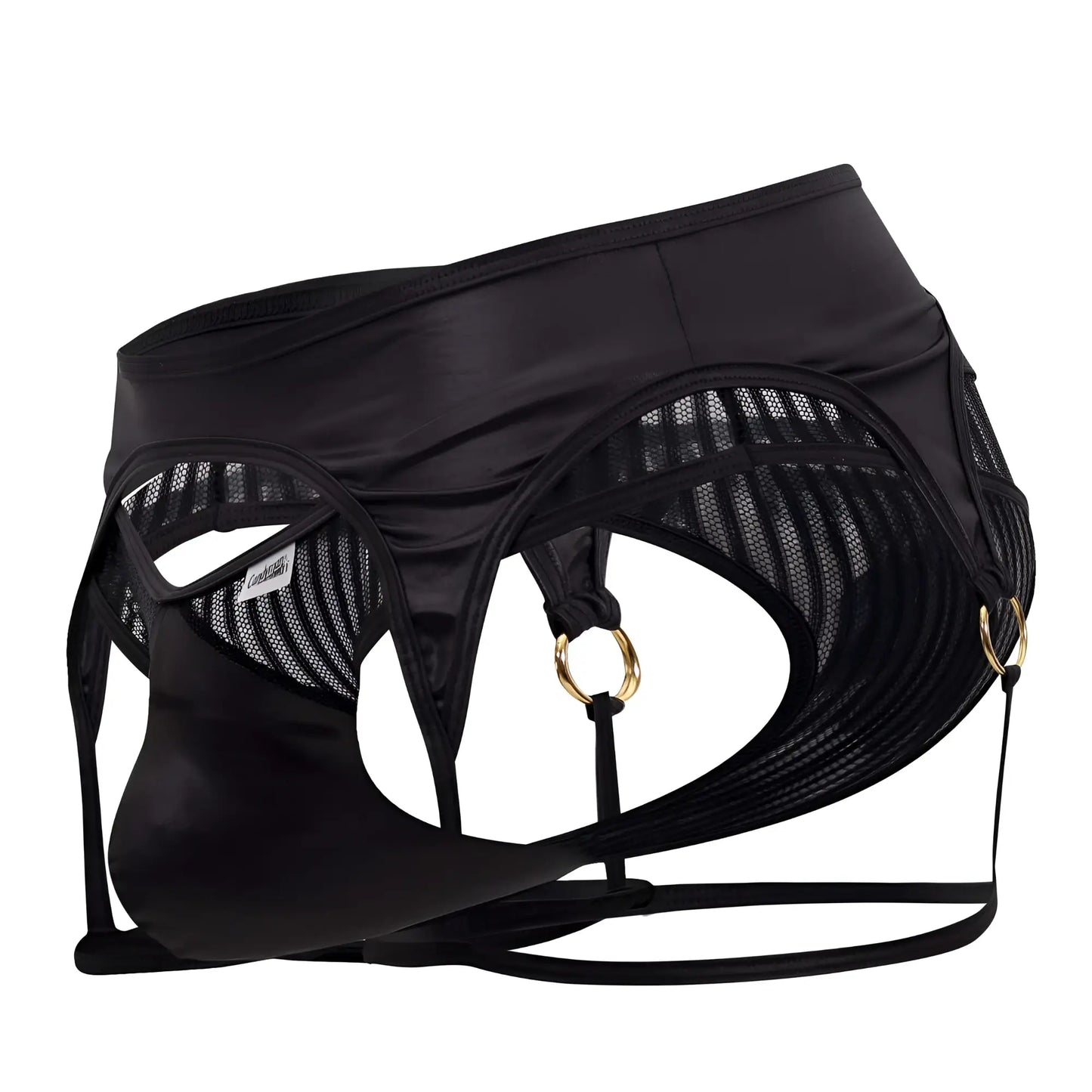Black satin and mesh men’s harness-style briefs with gold-tone metal rings candyMan 99655 garter thongs black back view