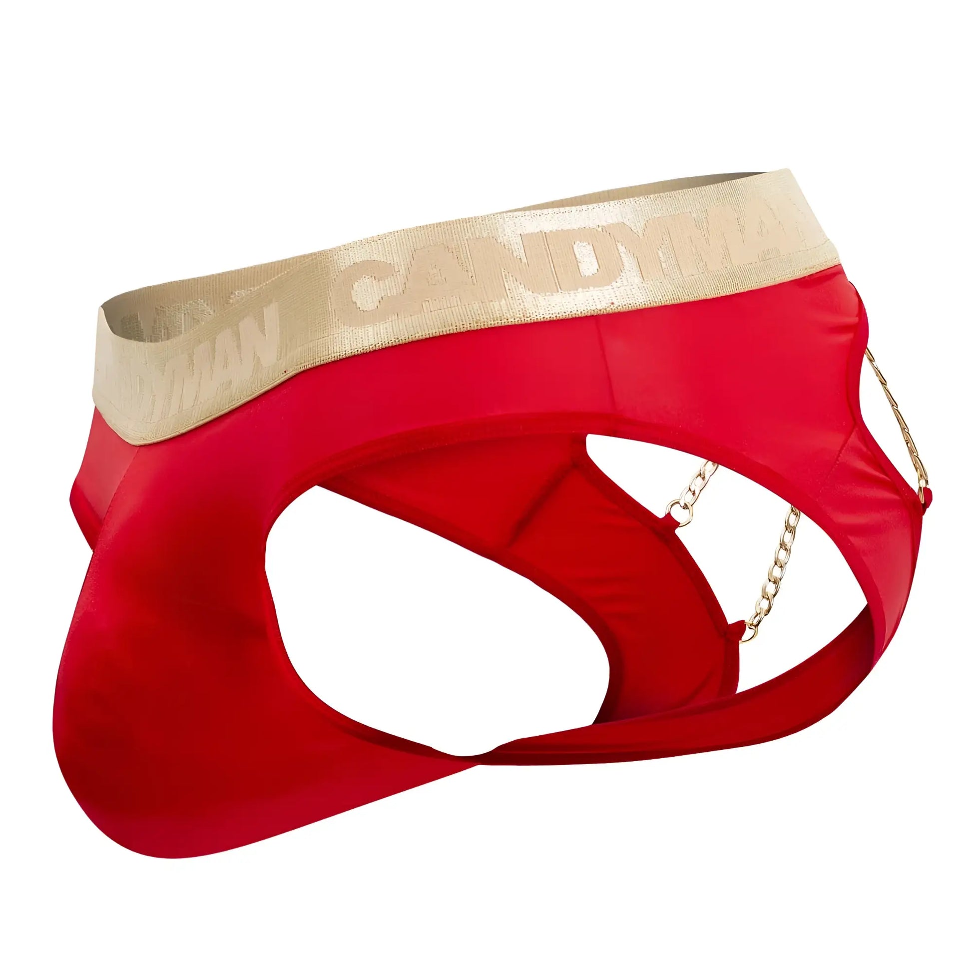 CandyMan 99659 red jock briefs with gold waistband and decorative chain detailing for bold style and comfort