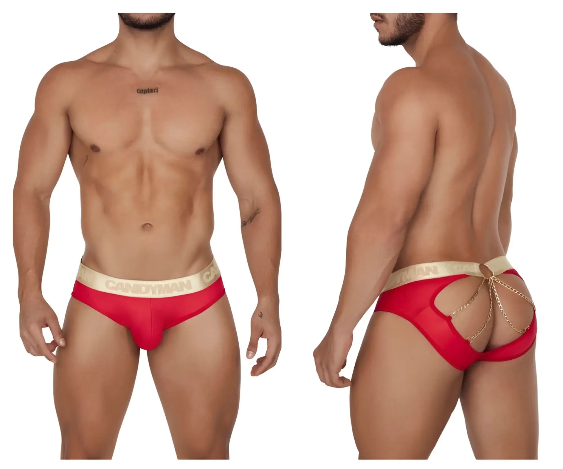 Back view of red candyman 99659 jock briefs with gold waistband and decorative chain detailing at the back