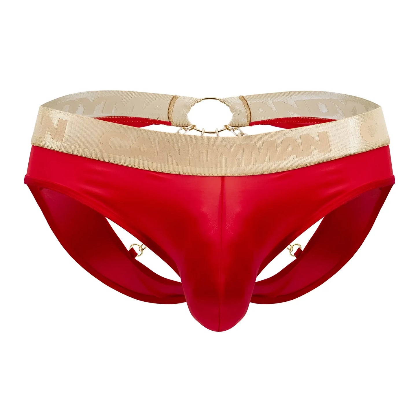 Red satin candyMan 99659 jock briefs with gold patterned waistband and metallic ring accents