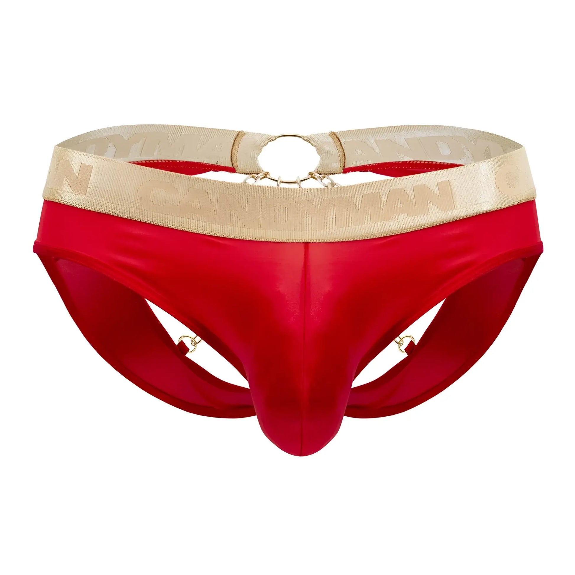 Red satin candyMan 99659 jock briefs with gold patterned waistband and metallic ring accents