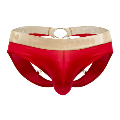 Red satin candyMan 99659 jock briefs with gold patterned waistband and metallic ring accents