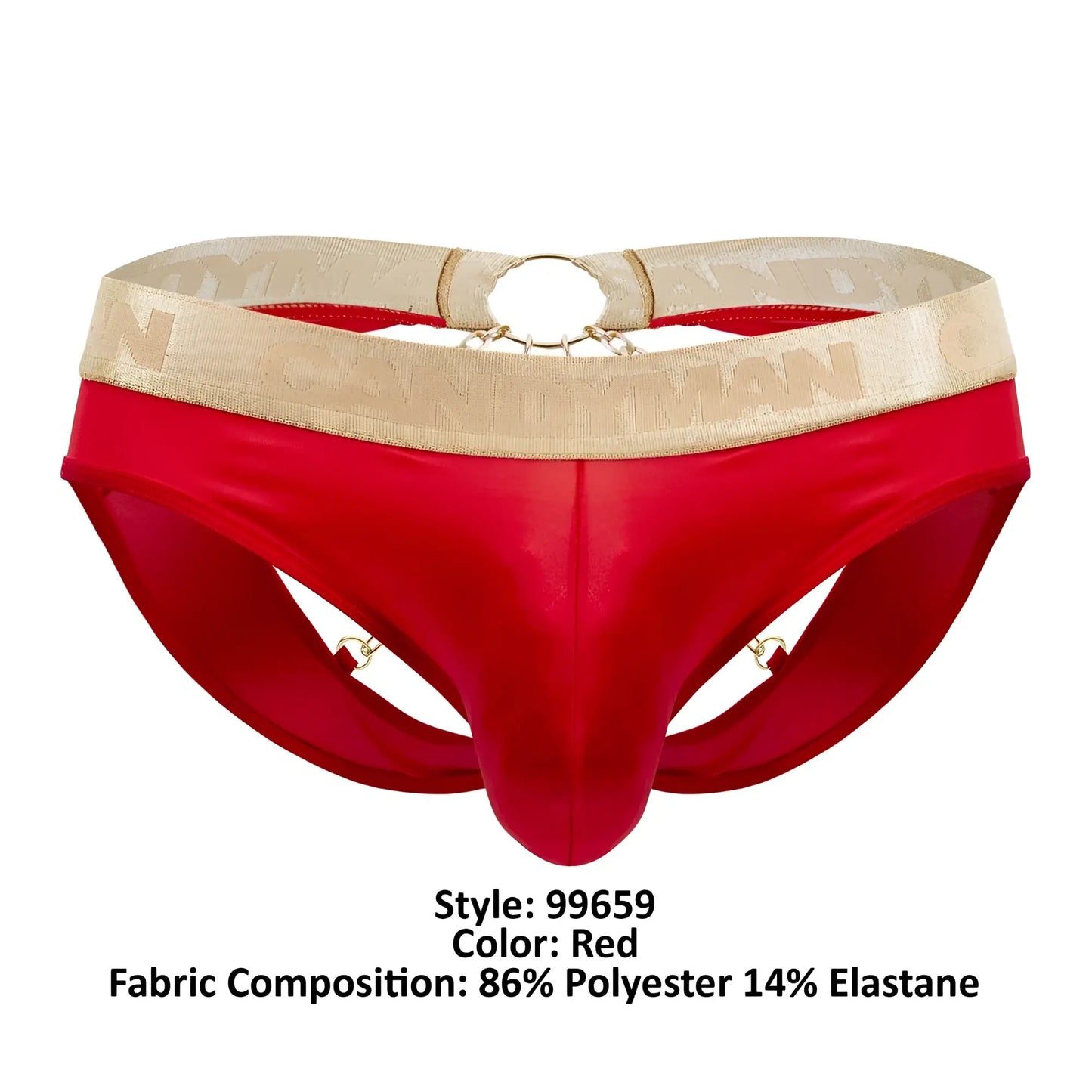 Red CandyMan 99659 jock briefs made of satin fabric with a beige patterned waistband and gold metal hardware