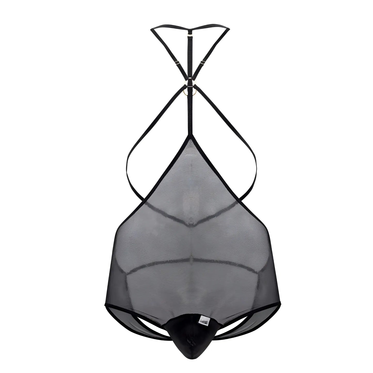 Black mesh tulle bodysuit candyMan 99662X with thin straps and crisscross back design shown from the back side