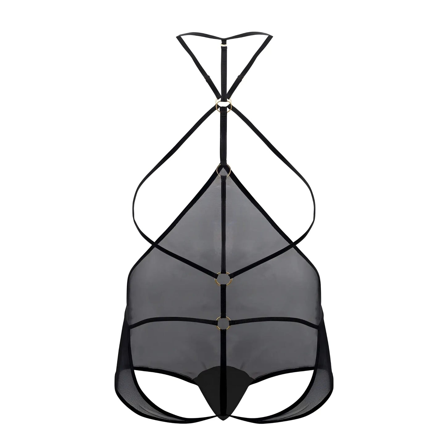 Black CandyMan 99662X tulle bodysuit with thin straps metallic rings and mesh fabric detail