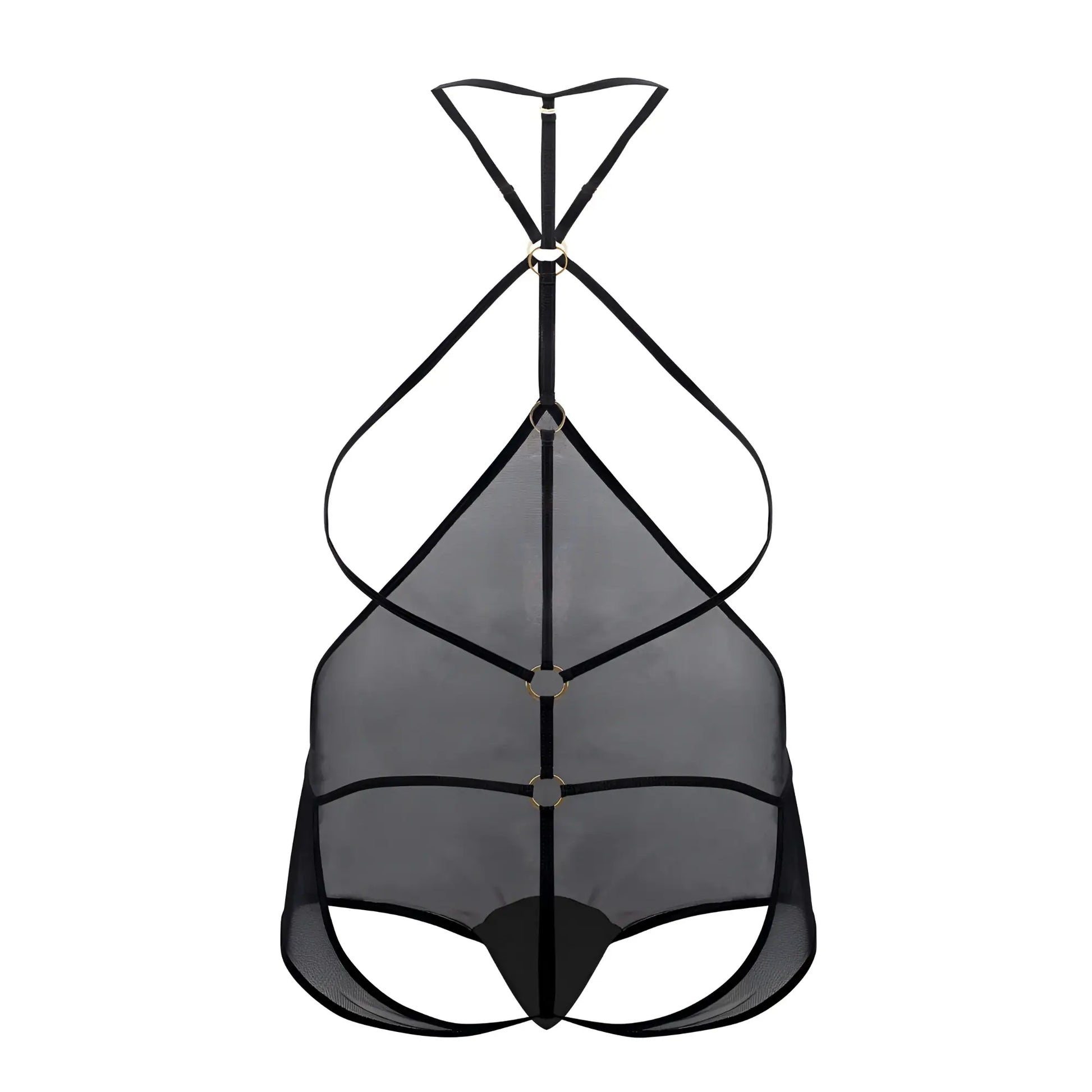 Black CandyMan 99662X tulle bodysuit with thin straps metallic rings and mesh fabric detail