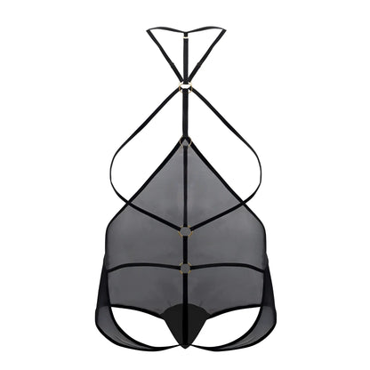 Black CandyMan 99662X tulle bodysuit with thin straps metallic rings and mesh fabric detail