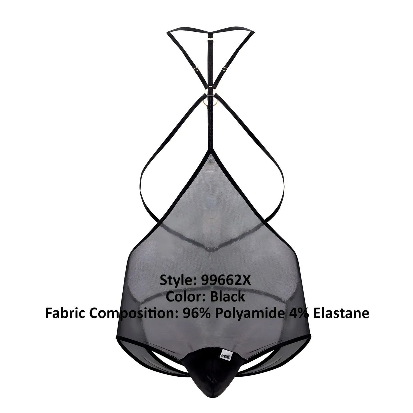 Black sheer mesh tulle bodysuit with black elastic straps and central metal clasp candyMan 99662X color black