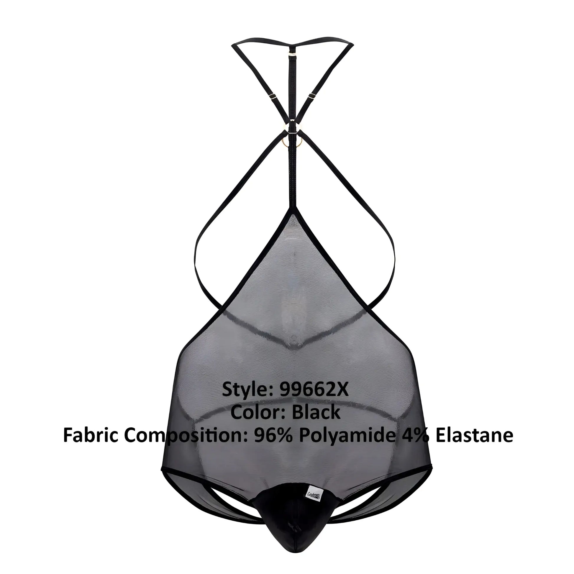 Black sheer mesh tulle bodysuit with black elastic straps and central metal clasp candyMan 99662X color black