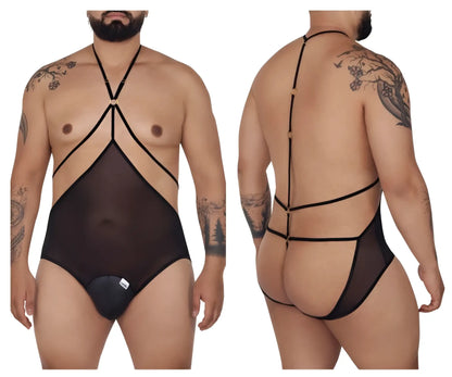 Black candyMan 99662X tulle bodysuit featuring sheer mesh, black elastic straps, and gold-toned hardware accents