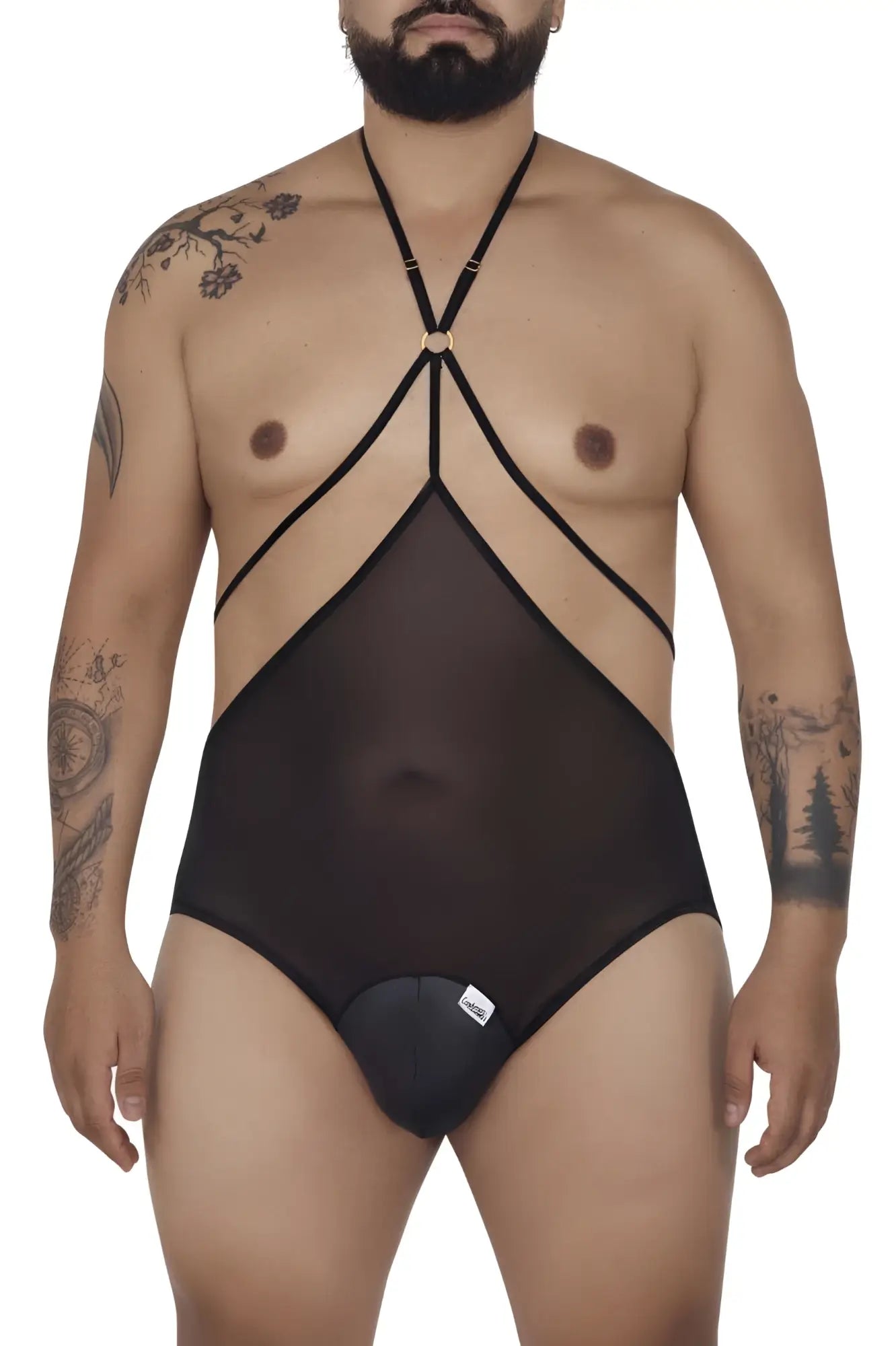 CandyMan 99662X tulle bodysuit black sheer mesh one-piece swimsuit with black crisscross straps and gold clasp neckline