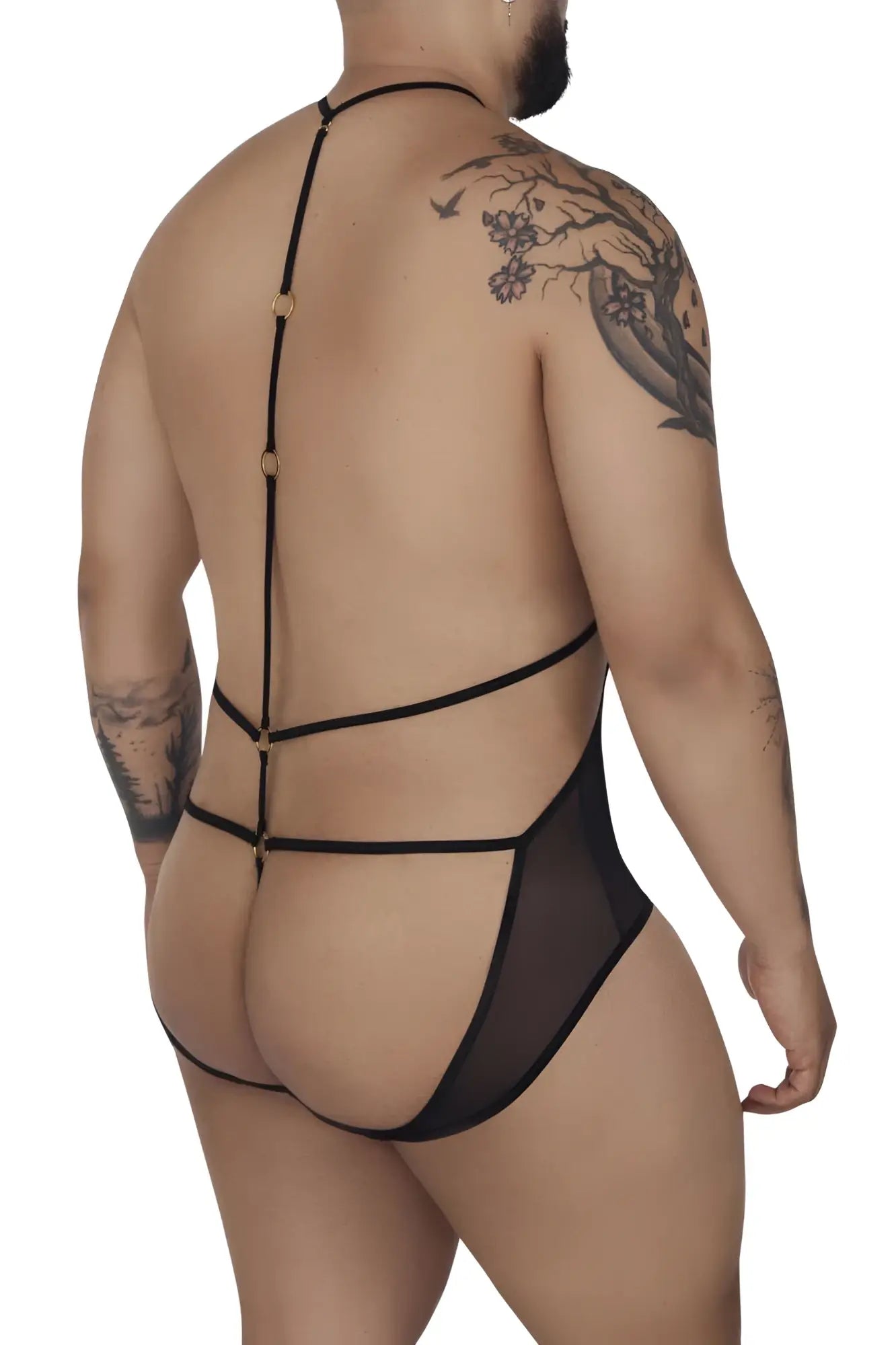 Black sheer CandyMan 99662X tulle bodysuit back side with gold-toned hardware and strap design
