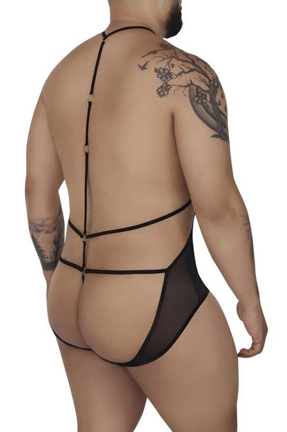 Black sheer CandyMan 99662X tulle bodysuit back side with gold-toned hardware and strap design
