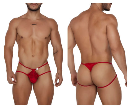 Candyman 99668 red lace jock thong with thin elastic straps and central decorative panel
