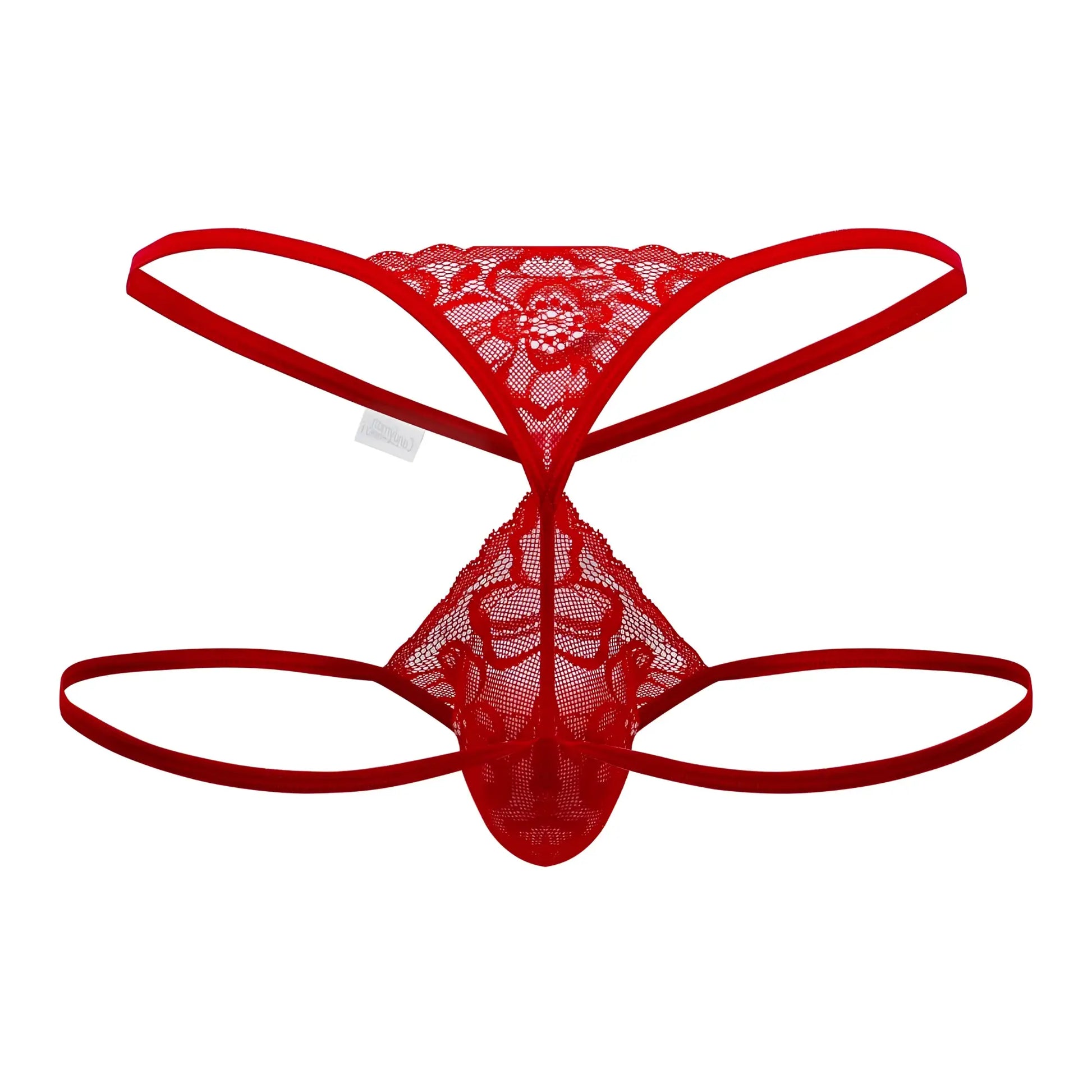 CandyMan 99668 jock thong in red lace with floral pattern and thin elastic straps shown from the back side