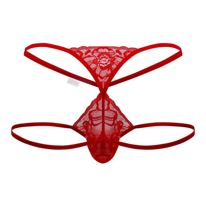 CandyMan 99668 jock thong in red lace with floral pattern and thin elastic straps shown from the back side