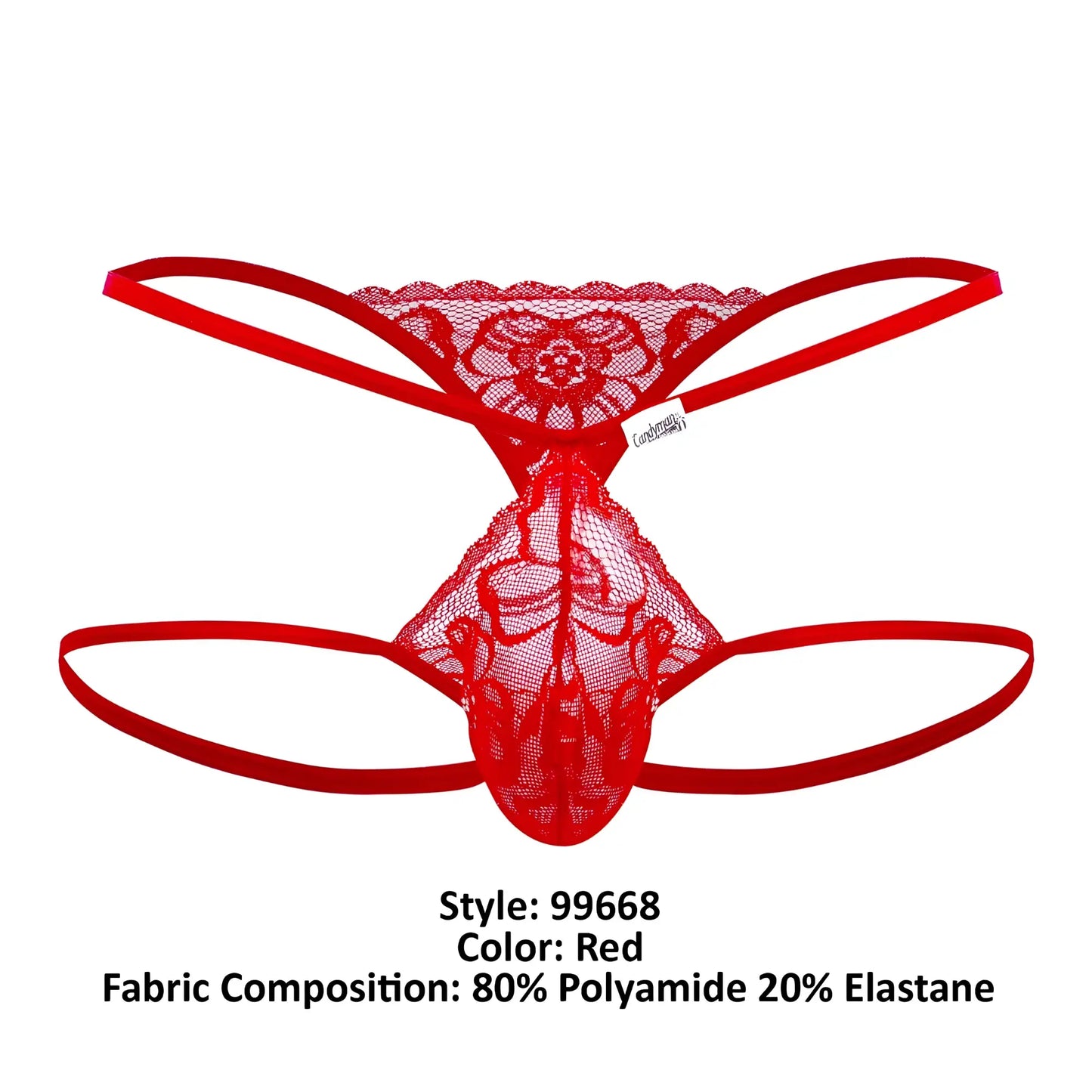Red lace thong with floral pattern and elastic straps by candyman model 99668 in vibrant red color