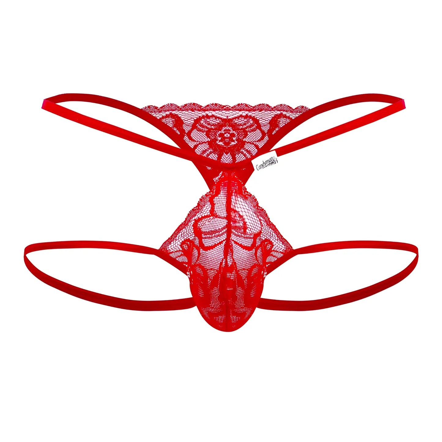 Red lace thong jock with floral pattern and thin elastic straps by candyman in red color