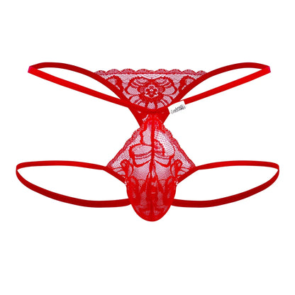 Red lace thong jock with floral pattern and thin elastic straps by candyman in red color