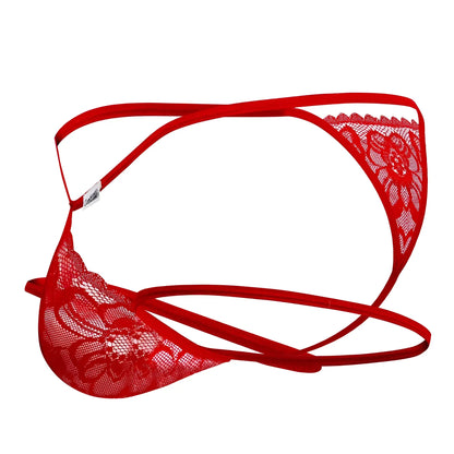 Red candyMan 99668 jock thong with lace floral patterns and thin elastic straps shown from the back side