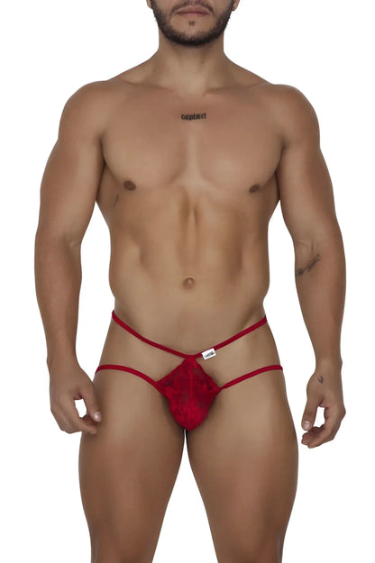 Red lace thong with thin straps and central decorative panel from candyman 99668 jock thongs in red color