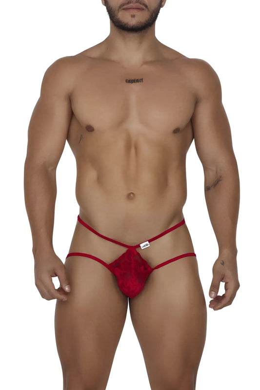 Red lace thong with thin straps and central decorative panel from candyman 99668 jock thongs in red color