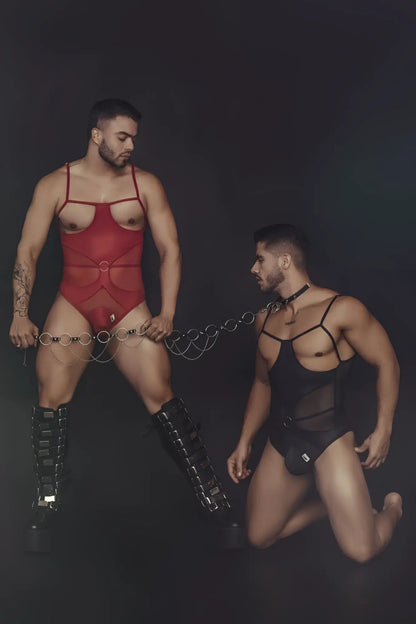 Candyman 99670 red mesh harness bodysuit with thin straps and central circular buckle for a bold look