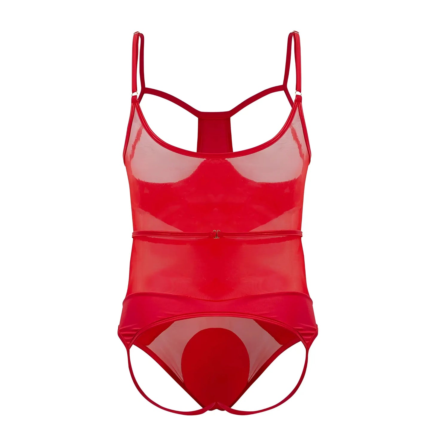 Red sheer mesh one-piece CandyMan 99670 harness bodysuit with thin straps and central zipper